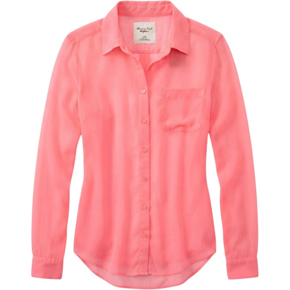 American Eagle Neon Pink Sheer Button Down Shirt Long Sleeve Pocket Large 1354